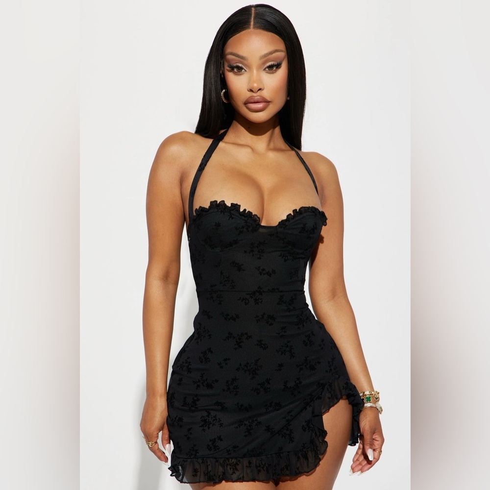Black bustier halter frill sweetheart mini dress